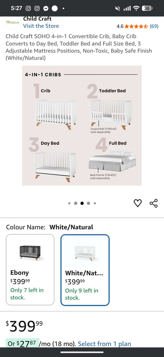 Kidkraft white crib 4 in one
