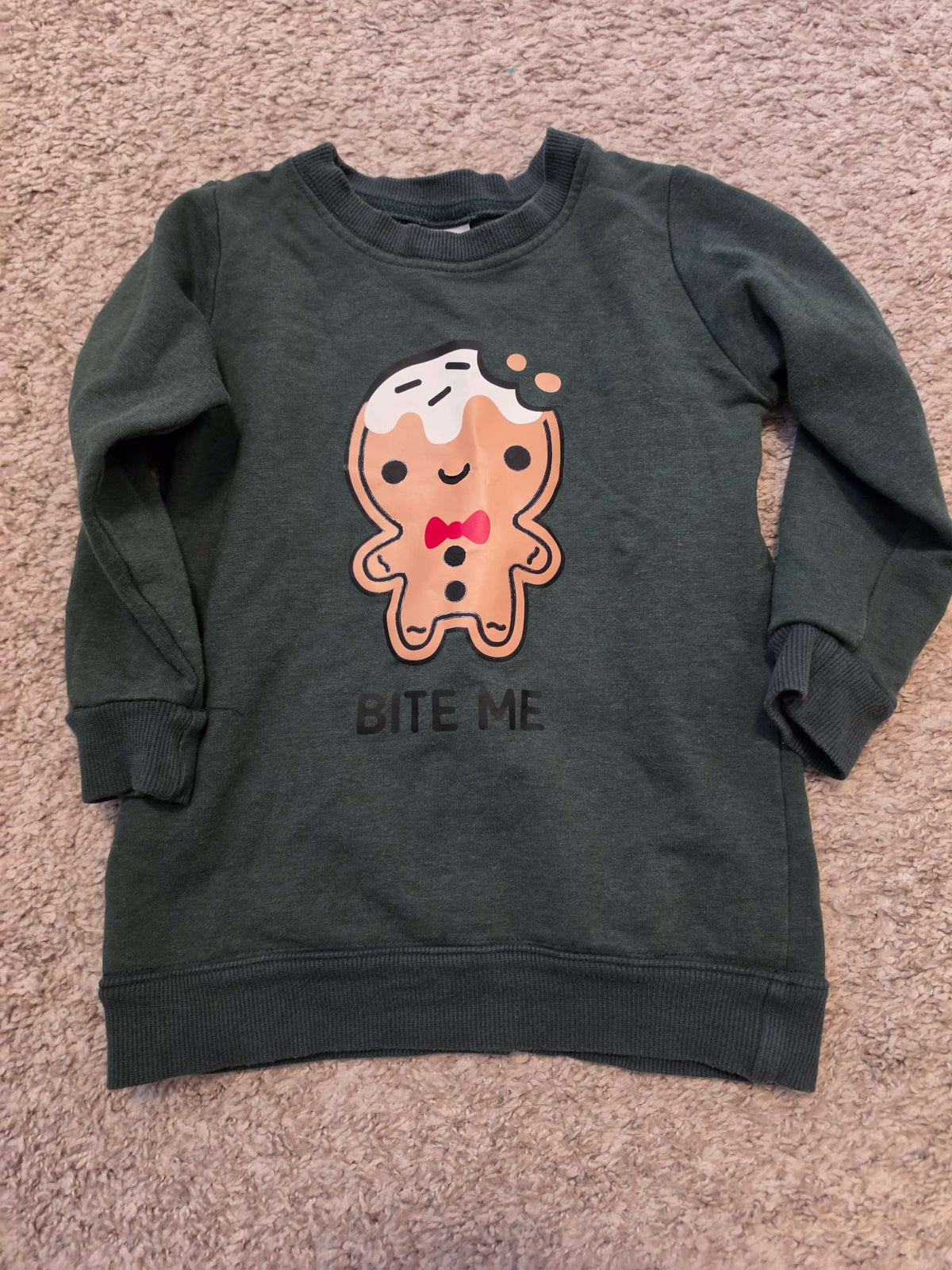 Bite me gingerbread  man green sweater Silas and the sloth , Kids 2T