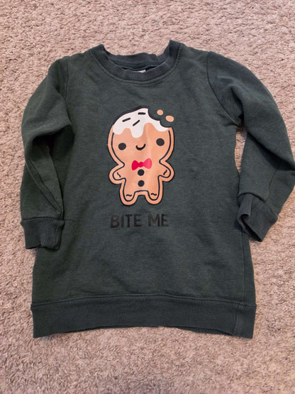 Bite me gingerbread  man green sweater Silas and the sloth , Kids 2T