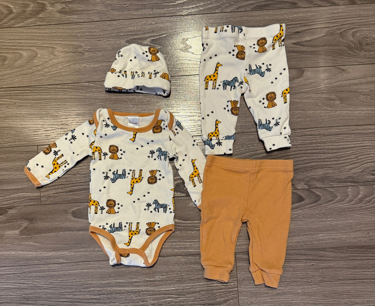 Cream/Patterned Animal Matching Set (0-3 Months), Kids 3 Month (0-3M)