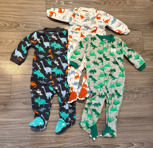 3 Pack of Fleece Dinosaur Footed Onesies/Rompers  (3-6 Months), Kids 6 Month (3-6M)