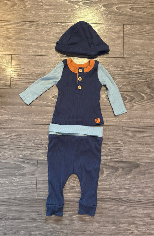Waffle-Knit Blue and Orange Outfit with Hat (3-6 Months), Kids 6 Month (3-6M)