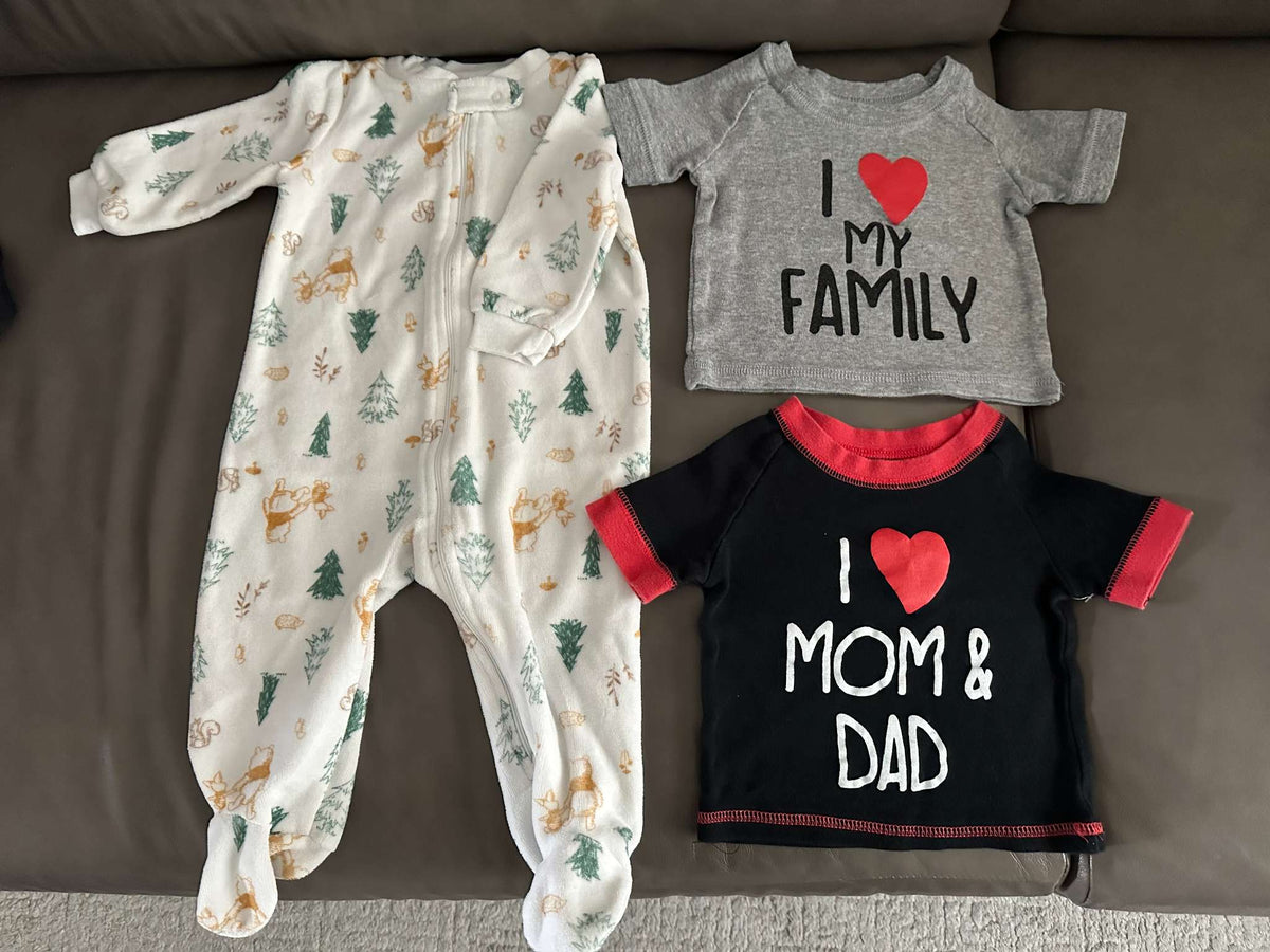 Bundle of 3 items, Disney baby fleece sleeper and 2 shirts, 6-12 months size, Kids 12 Month (9-12M)