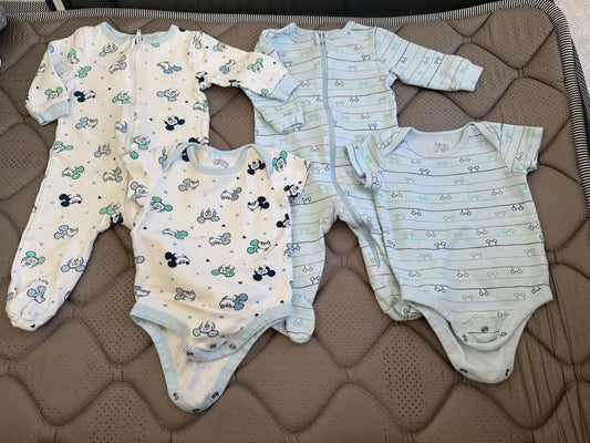 Disney baby 2 sets of a long sleeve footed romper/sleeper, and a short sleeve onesie, 4 items total, size 3-6 months, Kids 6 Month (3-6M)