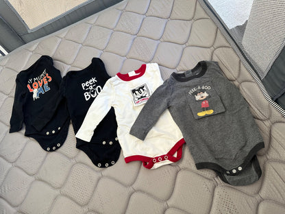 Bundle of 4 long sleeve onesies, size 3-6 months, 2 are Halloween themed and 2 have Mickey Mouse flaps , Kids 6 Month (3-6M)