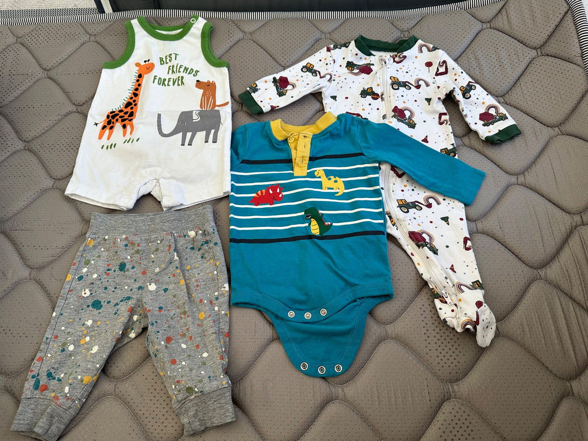 Bundle of 4 items, long sleeve sleeper, long sleeve onesie, pants and summer romper, Kids 6 Month (3-6M)