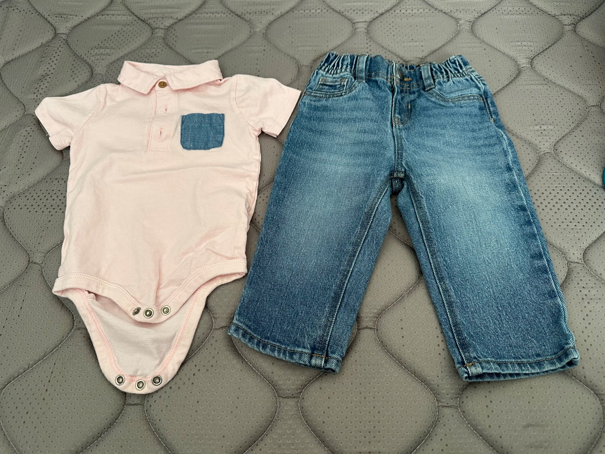 Baby boy set, short sleeve onesie and jeans/denim pants, size 6-12 months, Kids 12 Month (9-12M)