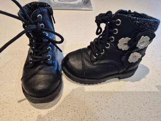George Black Faux-Leather Flower Ankle Boots - Size 6T, Shoes 6 (Walkers:12-24 mth)