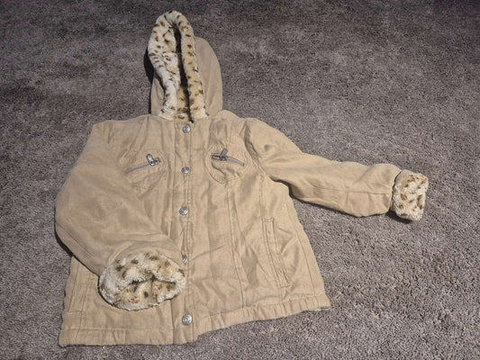 Girls Tan Faux Suede Winter Jacket with Cheetah Faux Fur Lining (Size 3T), Kids 3T