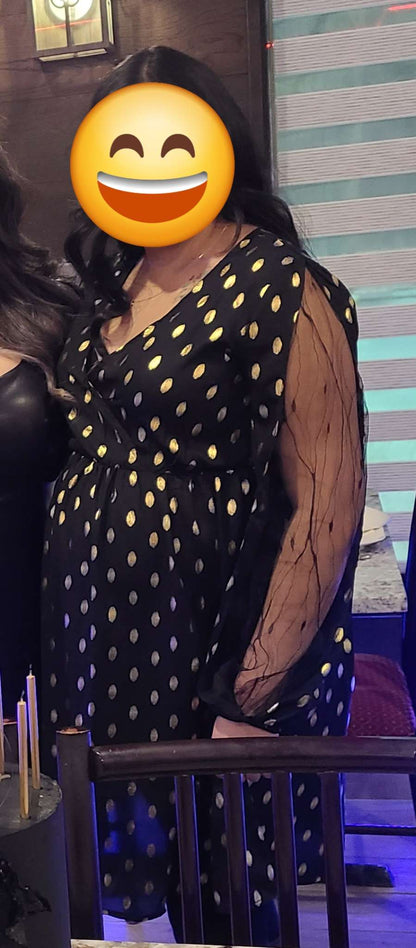 SHEIN Black & Gold Dot Chiffon Dress - Size M (Bump-Friendly / Fits L), Maternity M (8-10)