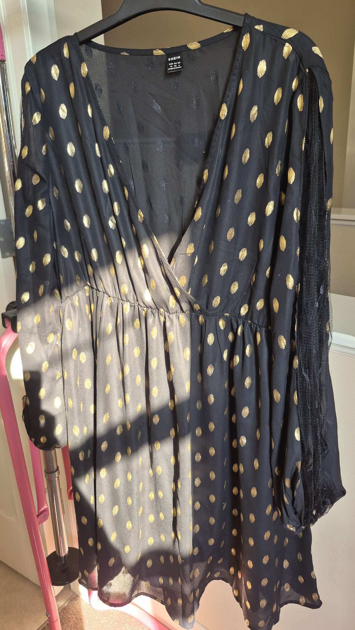 SHEIN Black & Gold Dot Chiffon Dress - Size M (Bump-Friendly / Fits L), Maternity M (8-10)