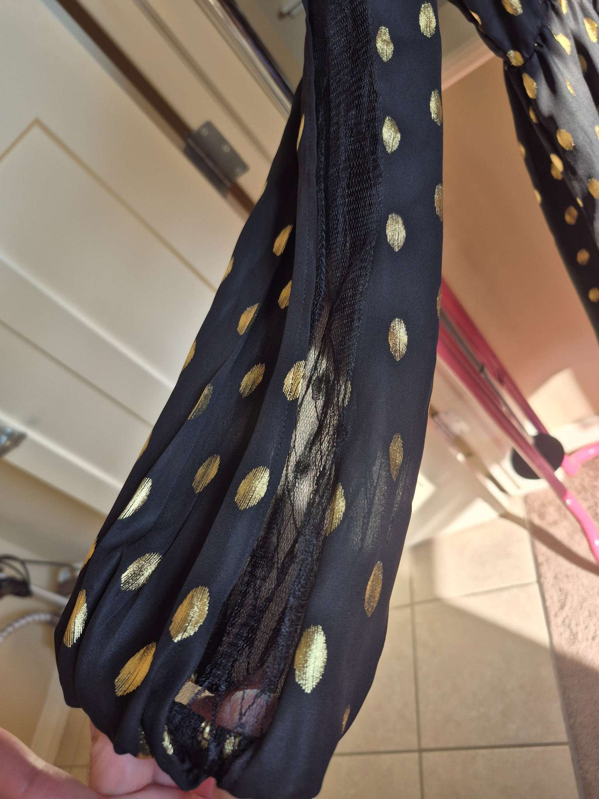Black & Gold Dot Chiffon Dress - Size M (Bump-Friendly / Fits L), Maternity M (8-10)