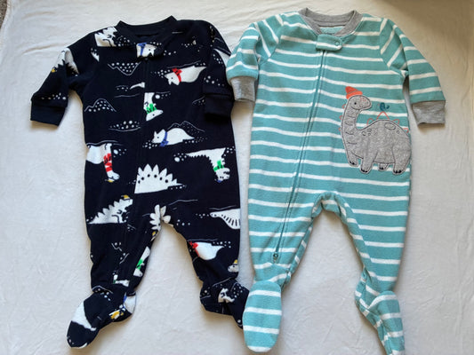 2 Fleece Winter Dino Onesies, 3 months , Kids 3 Month (0-3M)