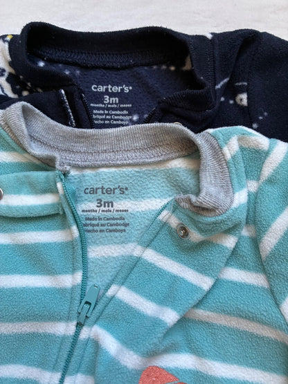 2 Fleece Winter Dino Onesies, 3 months , Kids 3 Month (0-3M)
