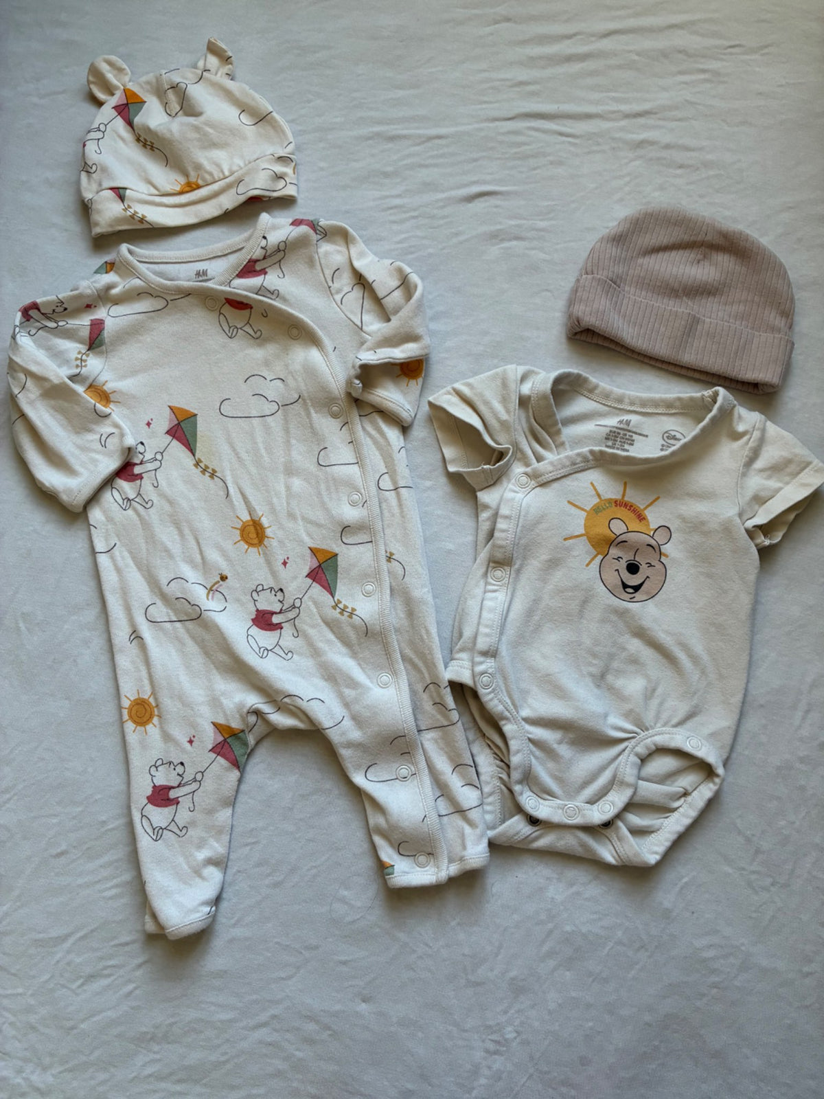 Set of H&M NB Pooh Bear Short Onesie and Long Romper , Kids Newborn