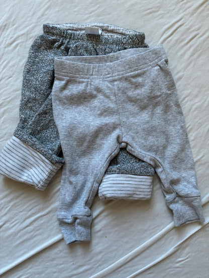 2 pairs of 3-6 month grey pants, 1 reversible. , Kids 6 Month (3-6M)