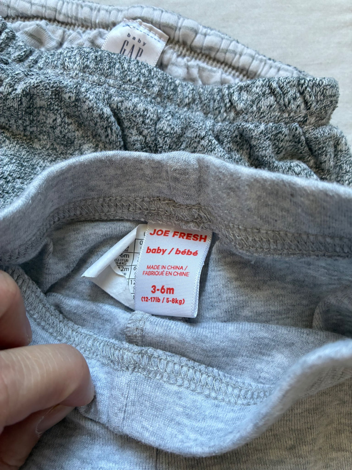 2 pairs of 3-6 month grey pants, 1 reversible. , Kids 6 Month (3-6M)