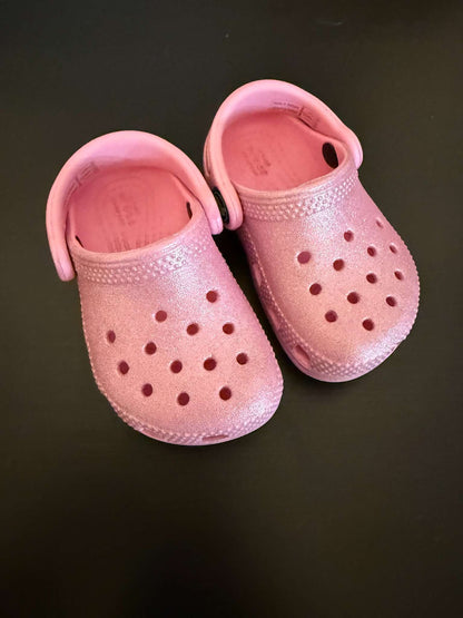 Sparkly Pink Glitter Crocs Classic Clogs C5, Shoes 5 (Walkers:12-24 mth)