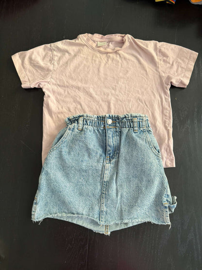 Zara Girls Denim Skirt & Zara Cotton Baby Pink Shirt Size 6/7 (103), Kids 7