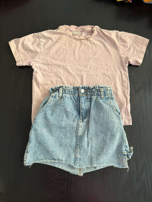 Zara Girls Denim Skirt & Zara Cotton Baby Pink Shirt Size 6/7 (103), Kids 7