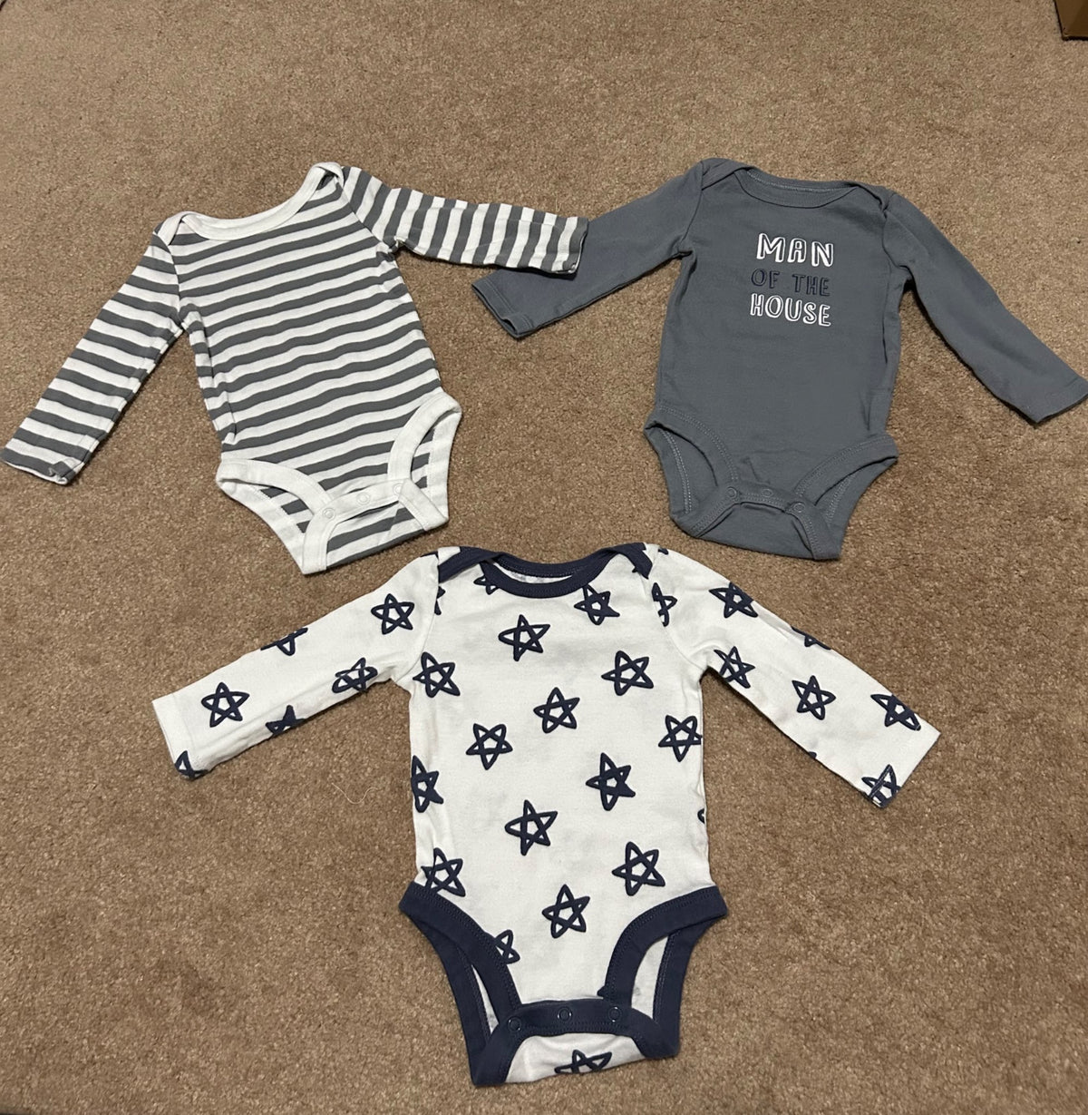 Long sleeve onesies 0-3M x3, Kids 3 Month (0-3M)