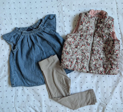 Baby Gap 3 Piece flutter sleeve denim top, floral vest, neutral leggings Set / Bundle 12-24 Months, Kids 18 Month (12-18M)