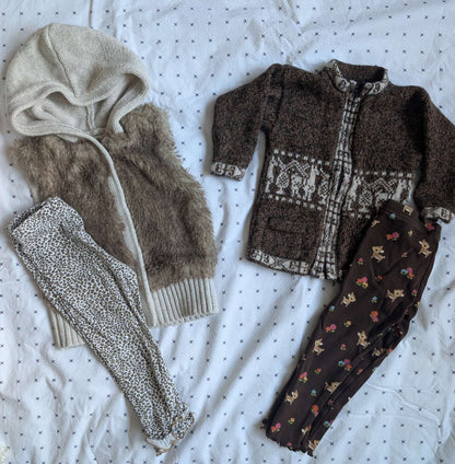 Toddler Girl Faux Fur Vest, Animal Print / Deer leggings, Alpaca Zipper Cardigan bundle, 18M + 24M, Kids 24 Month (18-24M)