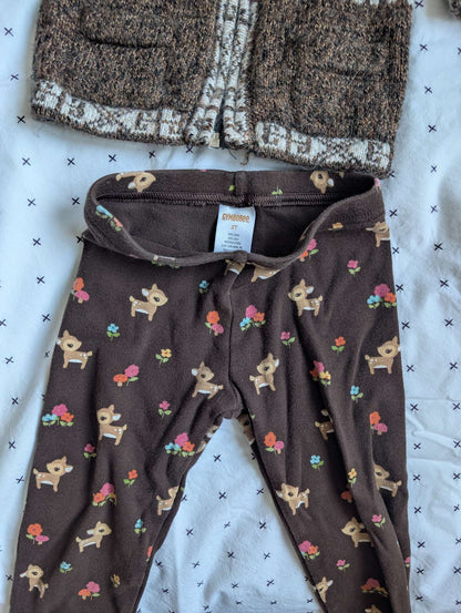 Toddler Girl Faux Fur Vest, Animal Print / Deer leggings, Alpaca Zipper Cardigan bundle, 18M + 24M, Kids 24 Month (18-24M)