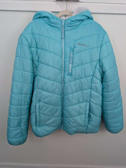 Girls Blue / Rainbow Reversible puffer / fleece Sherpa Eddie Bauer Jacket size XL 14-16, Kids 14