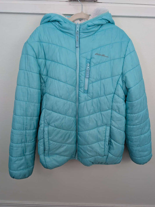Girls Blue / Rainbow Reversible puffer / fleece Sherpa Eddie Bauer Jacket size XL 14-16, Kids 14