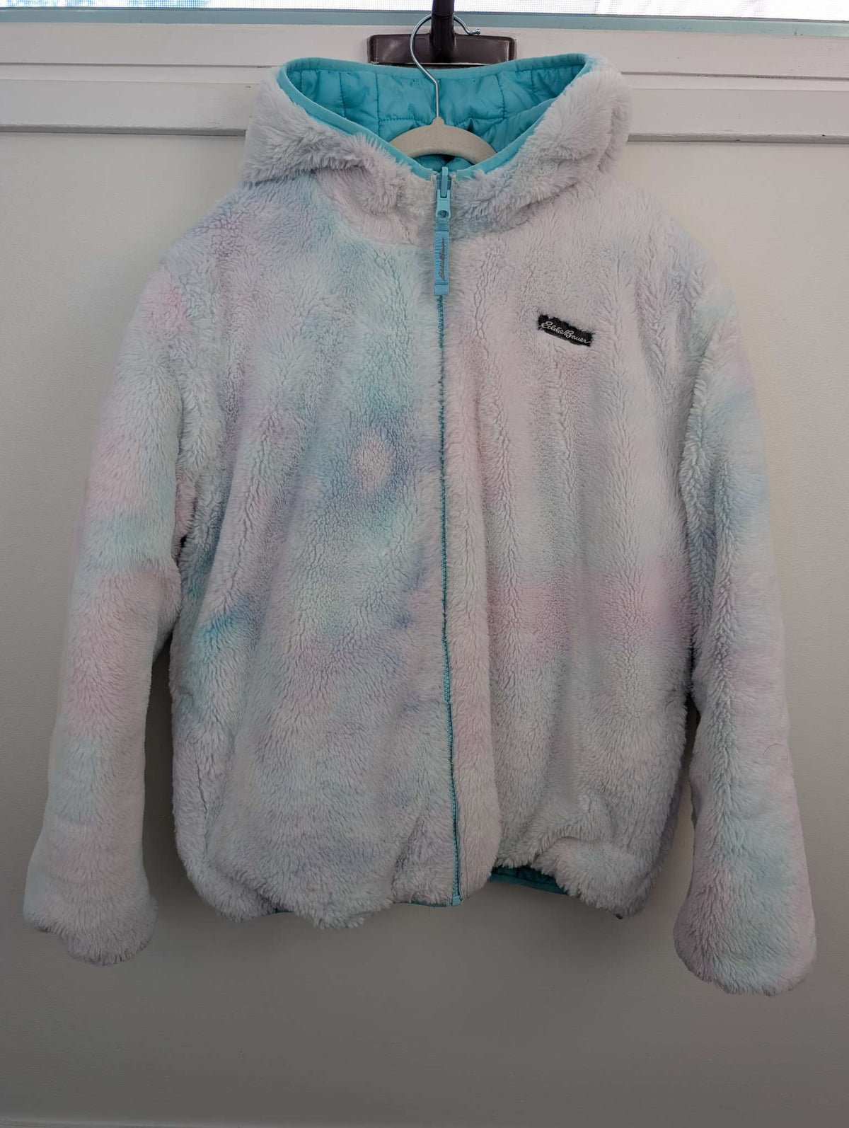 Girls Blue / Rainbow Reversible puffer / fleece Sherpa Eddie Bauer Jacket size XL 14-16, Kids 14