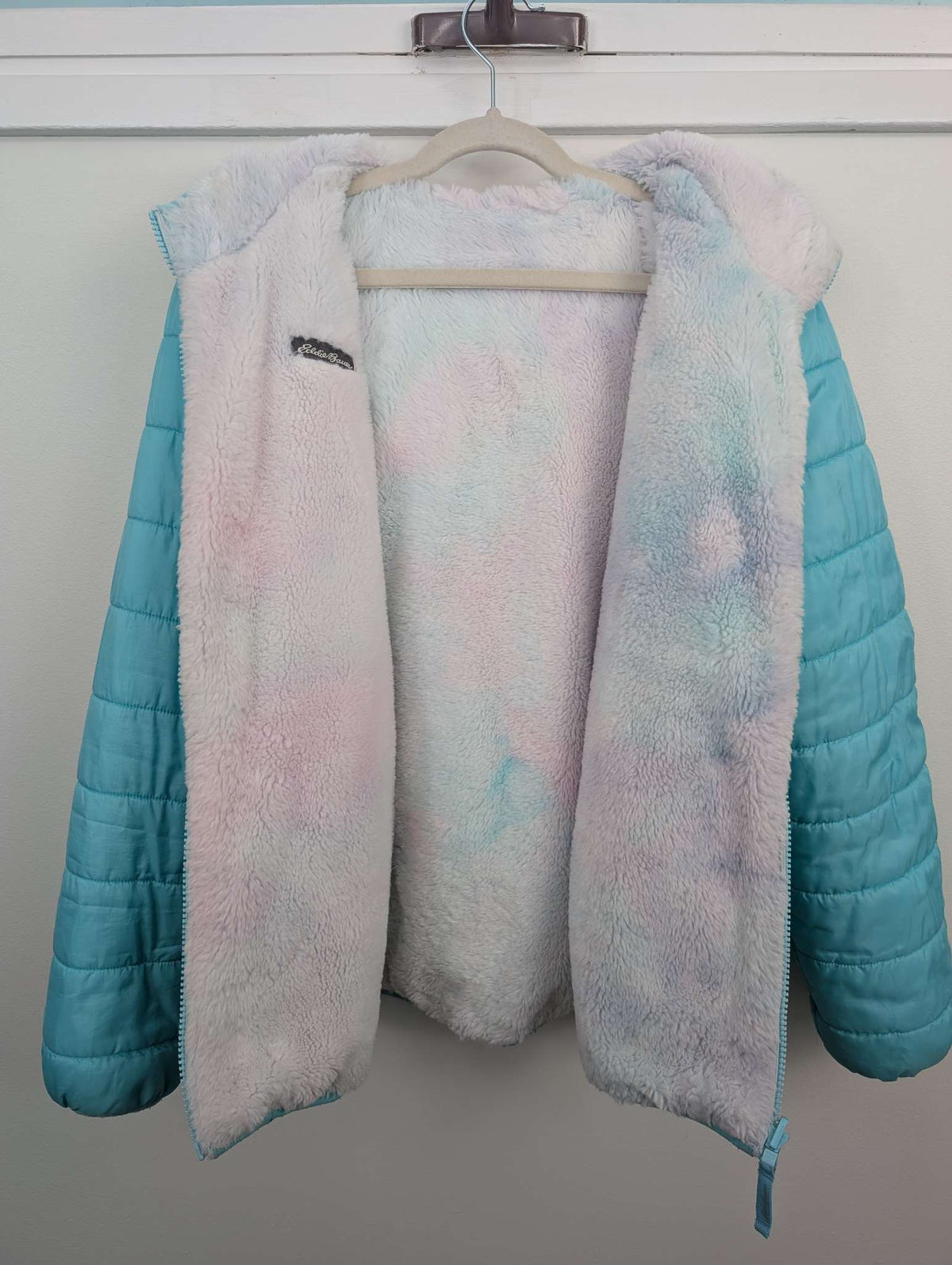 Girls Blue / Rainbow Reversible puffer / fleece Sherpa Eddie Bauer Jacket size XL 14-16, Kids 14