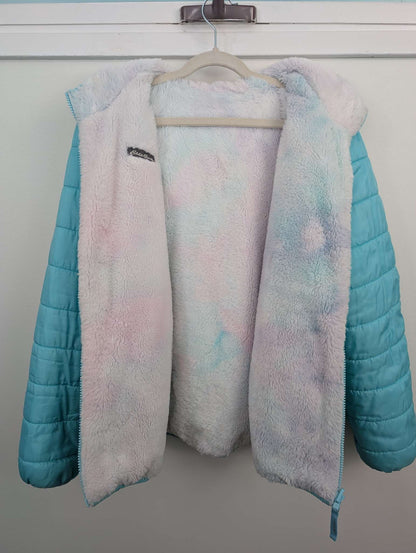 Girls Blue / Rainbow Reversible puffer / fleece Sherpa Eddie Bauer Jacket size XL 14-16, Kids 14