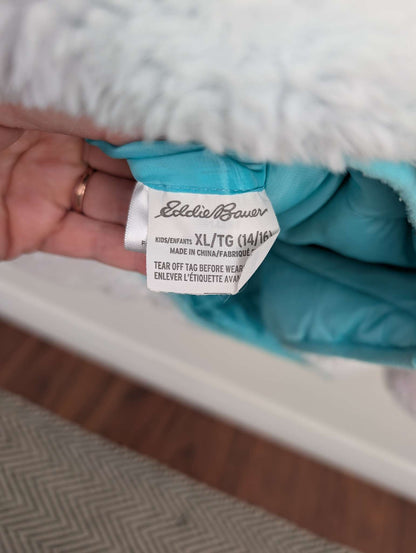 Girls Blue / Rainbow Reversible puffer / fleece Sherpa Eddie Bauer Jacket size XL 14-16, Kids 14