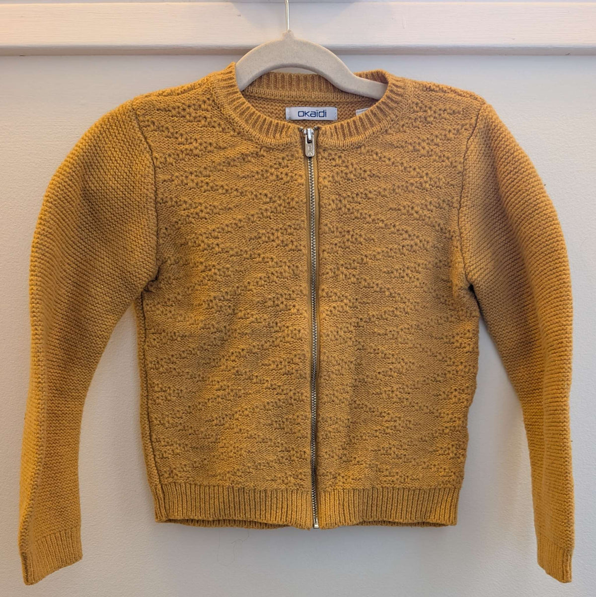 Girls Okaidi Gold / Yellow Curry Zipper Cardigan Knit long sleeve Sweater,  size 5T, Kids 5/5T