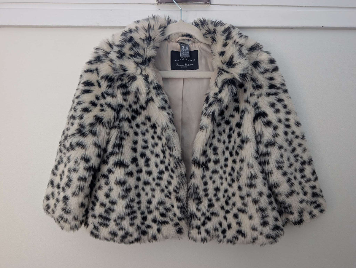 Zara Kids 3T - 4T Animal Print Faux Fur Plush Mid Length Jacket. Like New., Kids 3T
