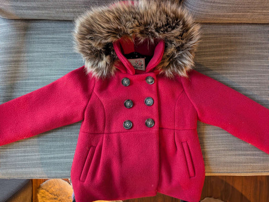 Red Felt and Faux Fur Lined Pea Coat - size 104 / 4T purchased in Germany, Kids 4/4T