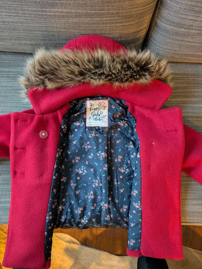 Red Felt and Faux Fur Lined Pea Coat - size 104 / 4T purchased in Germany, Kids 4/4T