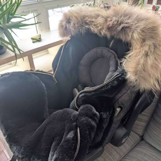 Carseat / Stroller Cozy Cover Black Faux Fur with Real Fur Trim - so soft and luxe