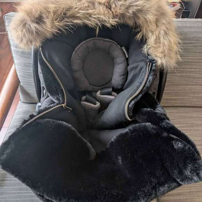 Carseat / Stroller Cozy Cover Black Faux Fur with Real Fur Trim - so soft and luxe