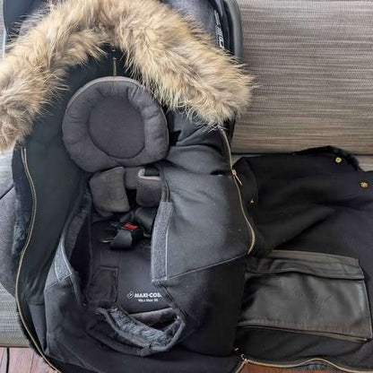 Carseat / Stroller Cozy Cover Black Faux Fur with Real Fur Trim - so soft and luxe