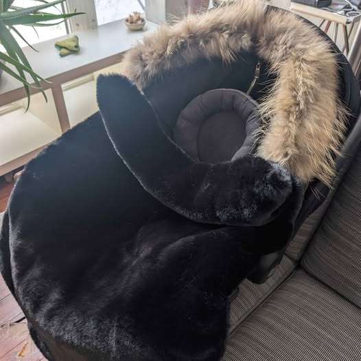 Carseat / Stroller Cozy Cover Black Faux Fur with Real Fur Trim - so soft and luxe