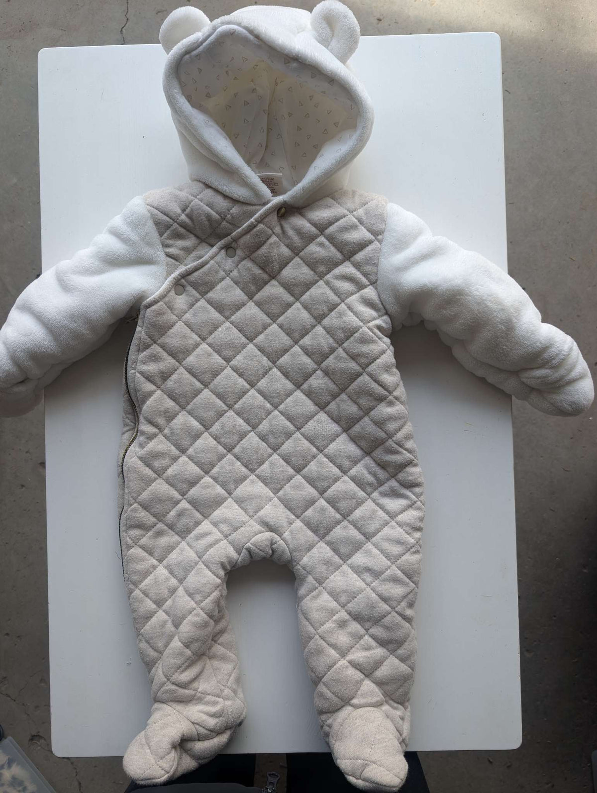 First Wish, Quilted Hooded Pramsuit, Beige/White, Unisex, 9-12M, Kids 12 Month (9-12M)