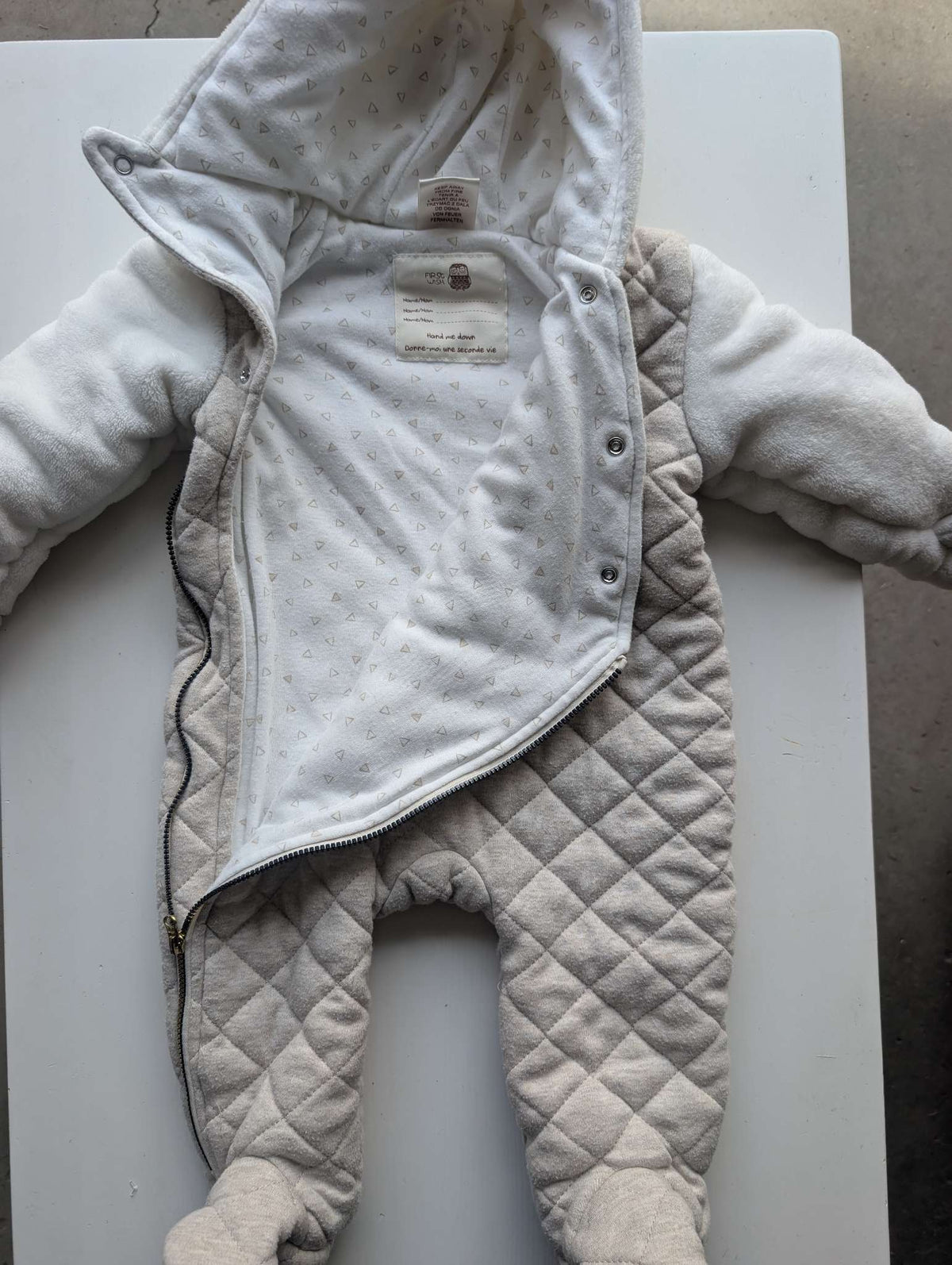 First Wish, Quilted Hooded Pramsuit, Beige/White, Unisex, 9-12M, Kids 12 Month (9-12M)