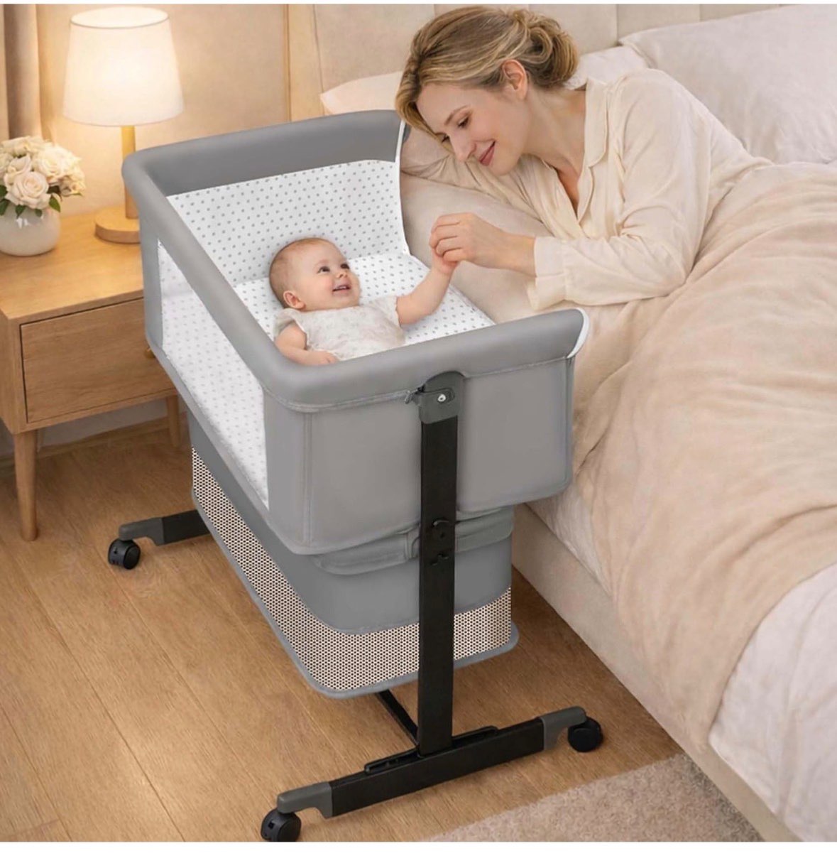 Baby Bassinet Bedside Sleeper with Wheels & Storage Basket