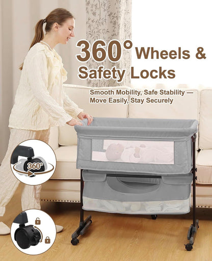 Baby Bassinet Bedside Sleeper with Wheels & Storage Basket