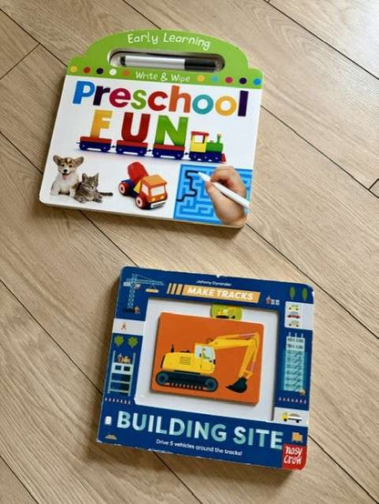 Bundle of 2 books (Building site book and Preschool fun write and wipe book) ( Age 2 - 5)