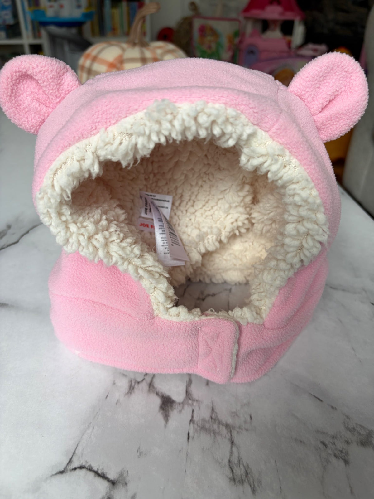 Winter Fuzzy Toque with Ears- pink, 0-12M