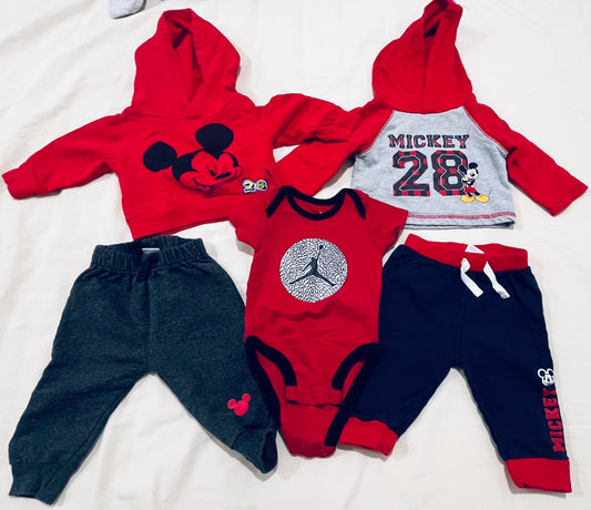 Mickey Mouse 2-pair Hoodie/Pants Combo with free Jordan shirt 0-3 months, Kids 3 Month (0-3M)