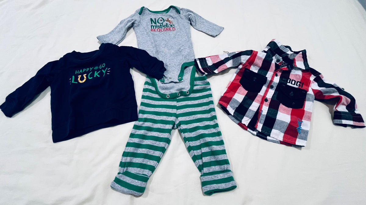 Carter’s long sleeve and pants combo with free plaid polo shirt, Kids 6 Month (3-6M)